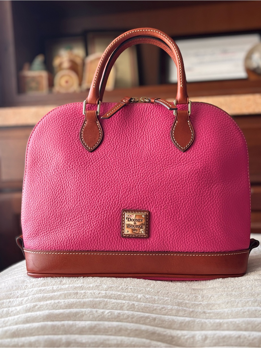 Dooney & Bourke Hot Pink Satchel with Brown Trim